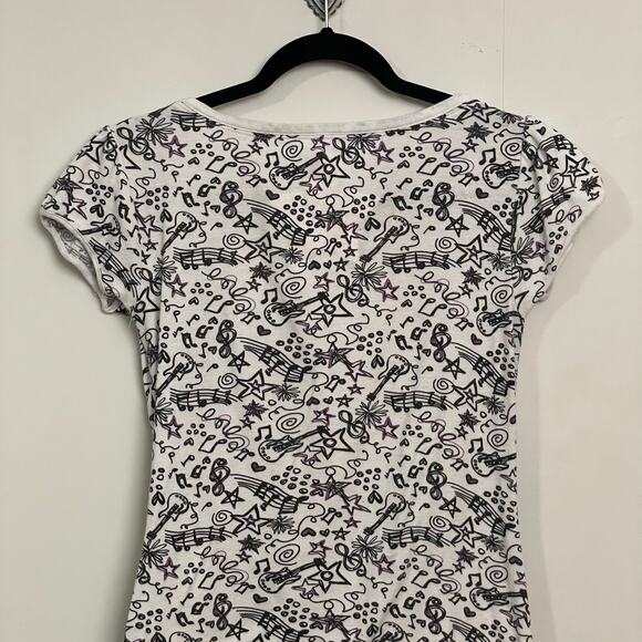 Y2K Vintage Energie L short sleeve t-shirt music notes AOP pockets black white - Picture 6 of 7